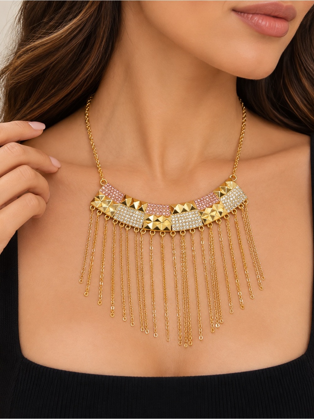 Gold, Pink & Silver Fringe Necklace Set
